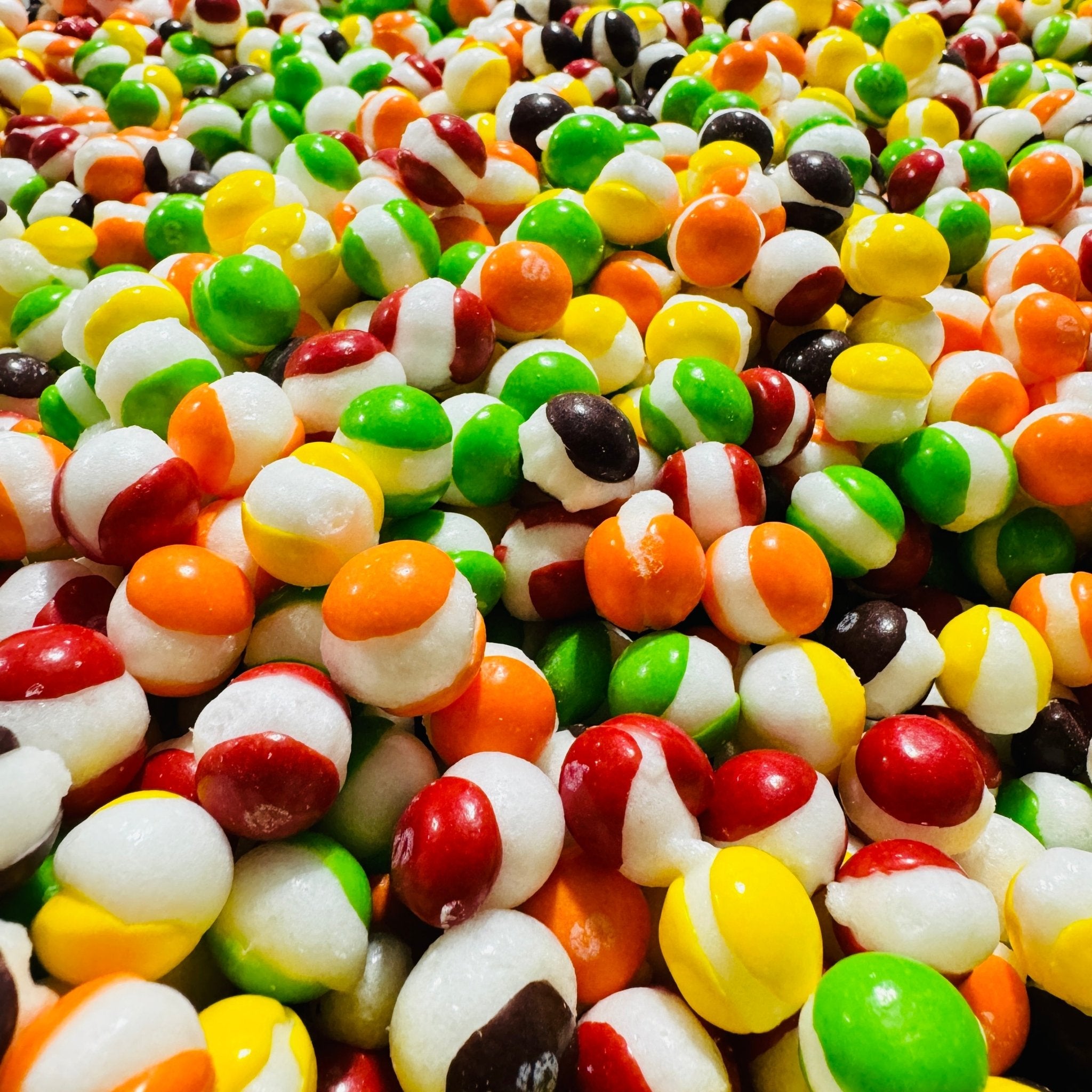 Close-up of colorful freeze dried Rainbow Krunchies candy pieces
