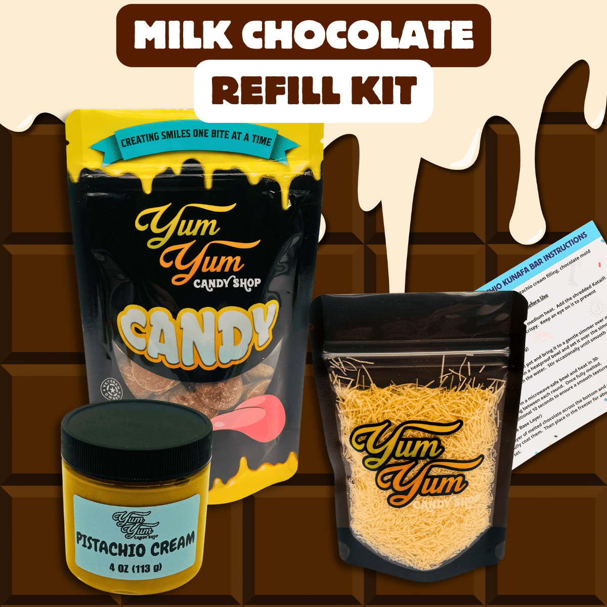 Dubai Chocolate Bar Refill Kit in milk chocolate flavor with chocolate, pistachio cream, and instructions