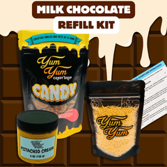 Dubai Chocolate Bar Refill Kit in milk chocolate flavor with chocolate, pistachio cream, and instructions