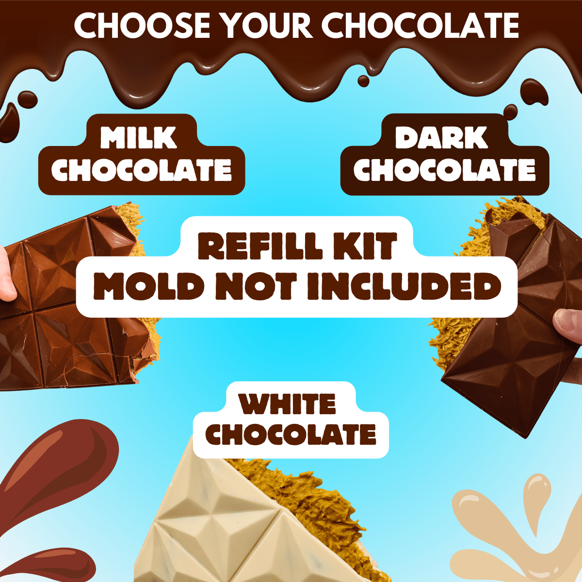 Choose your chocolate for the Dubai Chocolate Bar Refill Kit – milk, dark, or white chocolate (mold not included)