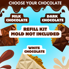 Choose your chocolate for the Dubai Chocolate Bar Refill Kit – milk, dark, or white chocolate (mold not included)