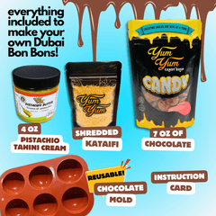 All items included in the Dubai Chocolate Bon Bon Kit: chocolate, shredded kataifi, mold, and instruction card