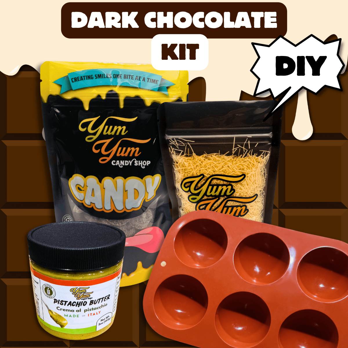 Dubai Chocolate Bon Bon Kit DIY in dark chocolate, with mold, chocolate, and pistachio filling