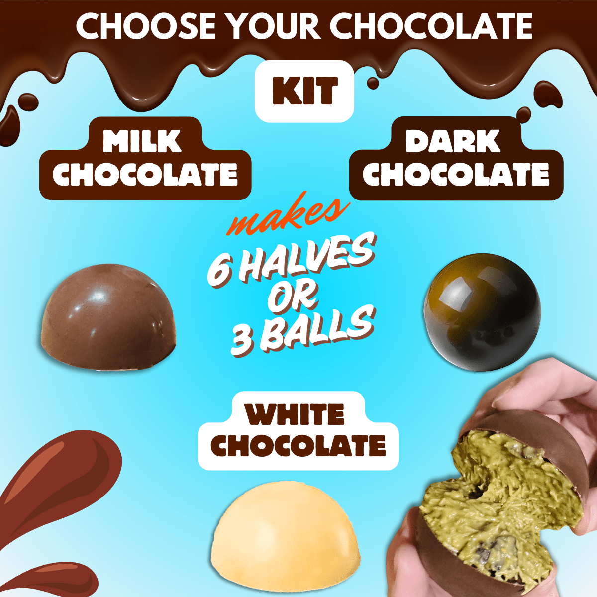 Hand holding a creamy pistachio-filled chocolate bon bon, part of the Dubai Chocolate Bon Bon Kit