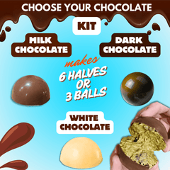 Hand holding a creamy pistachio-filled chocolate bon bon, part of the Dubai Chocolate Bon Bon Kit