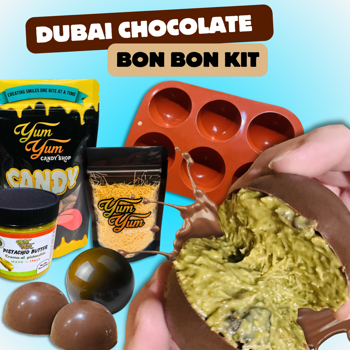 Dubai Chocolate Bon Bon Kit with mold, chocolate, pistachio filling, and Yum Yum Candy Shop branding