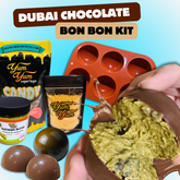 Dubai Chocolate Bon Bon Kit with mold, chocolate, pistachio filling, and Yum Yum Candy Shop branding