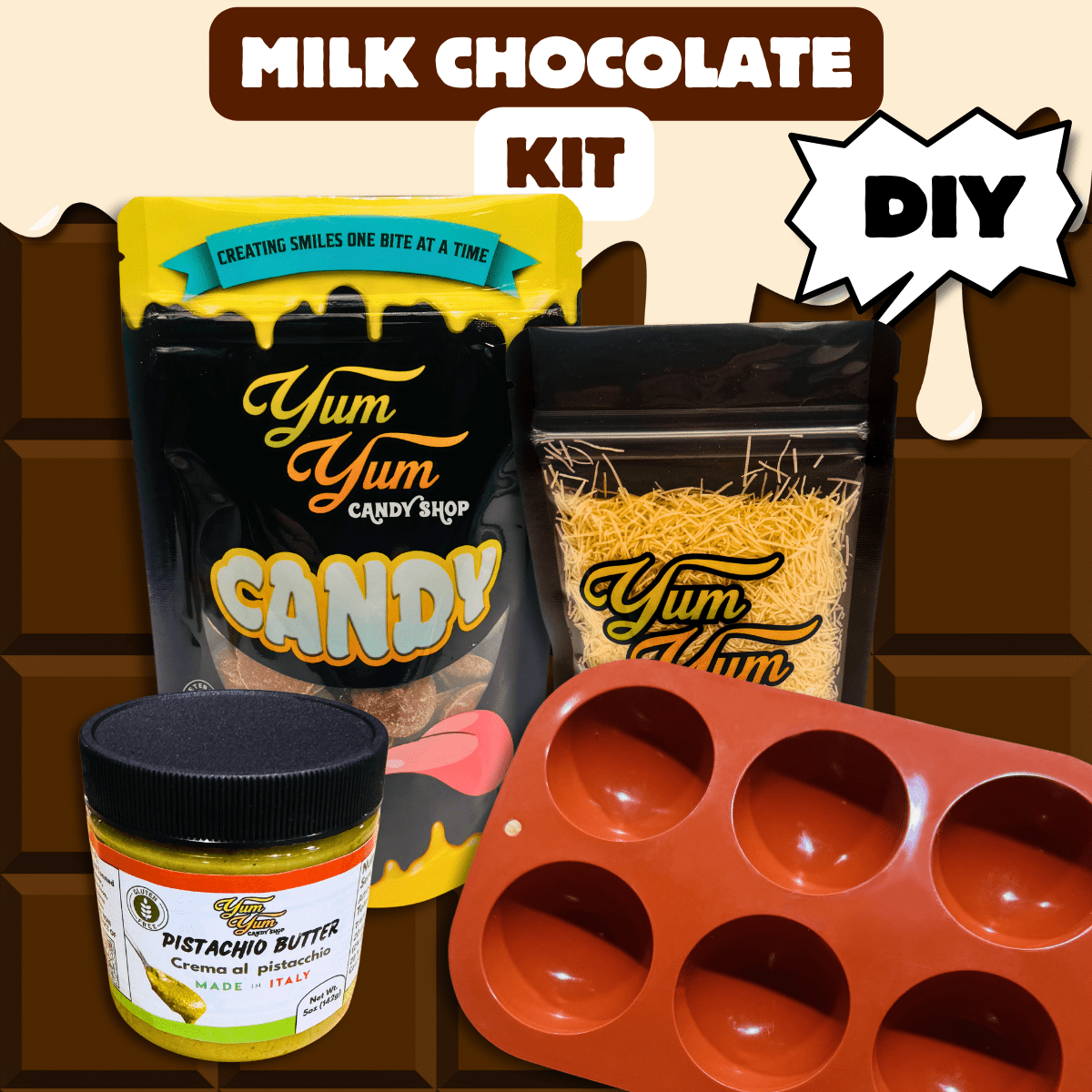 Dubai Chocolate Bon Bon Kit DIY in milk chocolate, with mold, chocolate, and pistachio filling