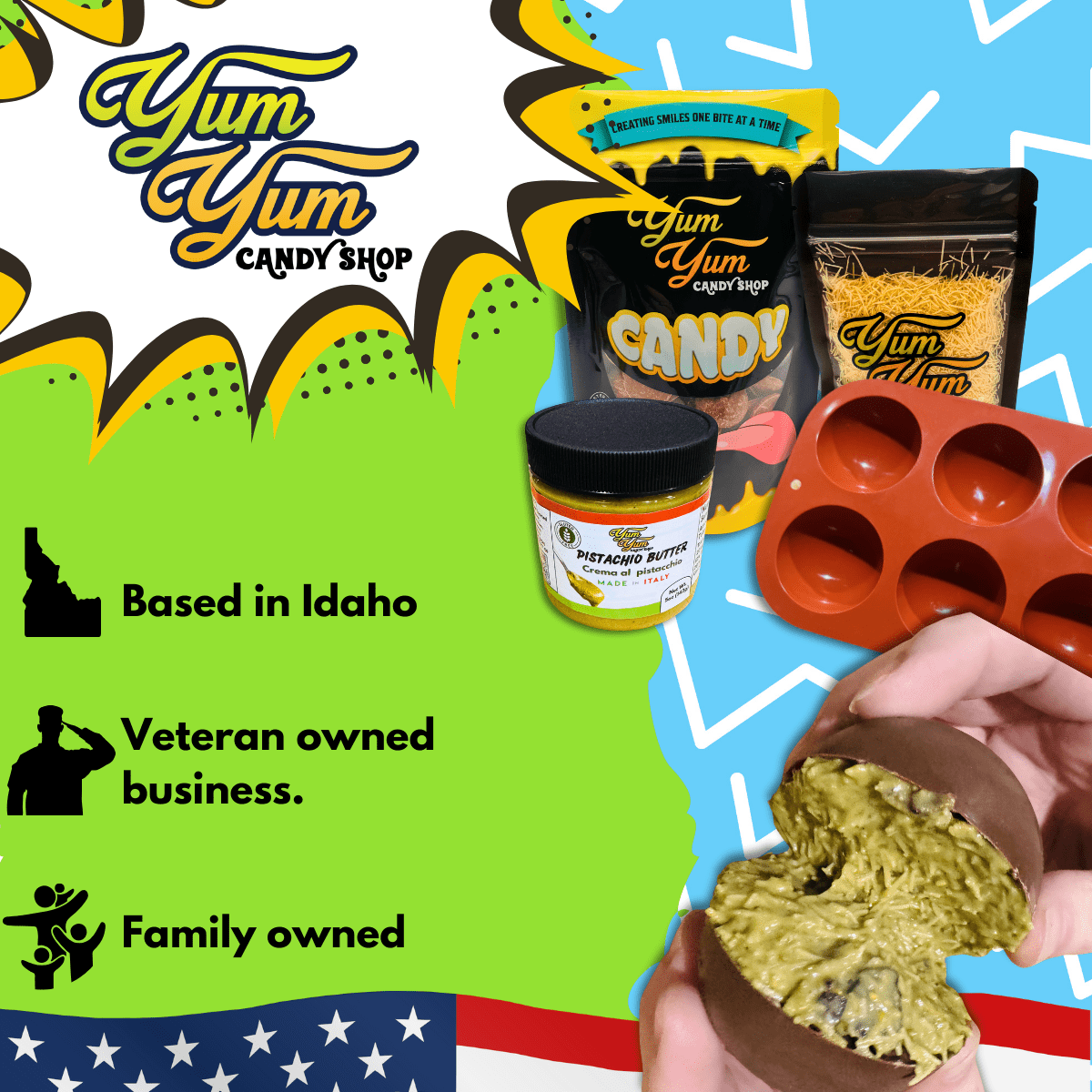 Dubai Chocolate Bon Bon Kit highlighted as family-owned, veteran-owned, based in Idaho