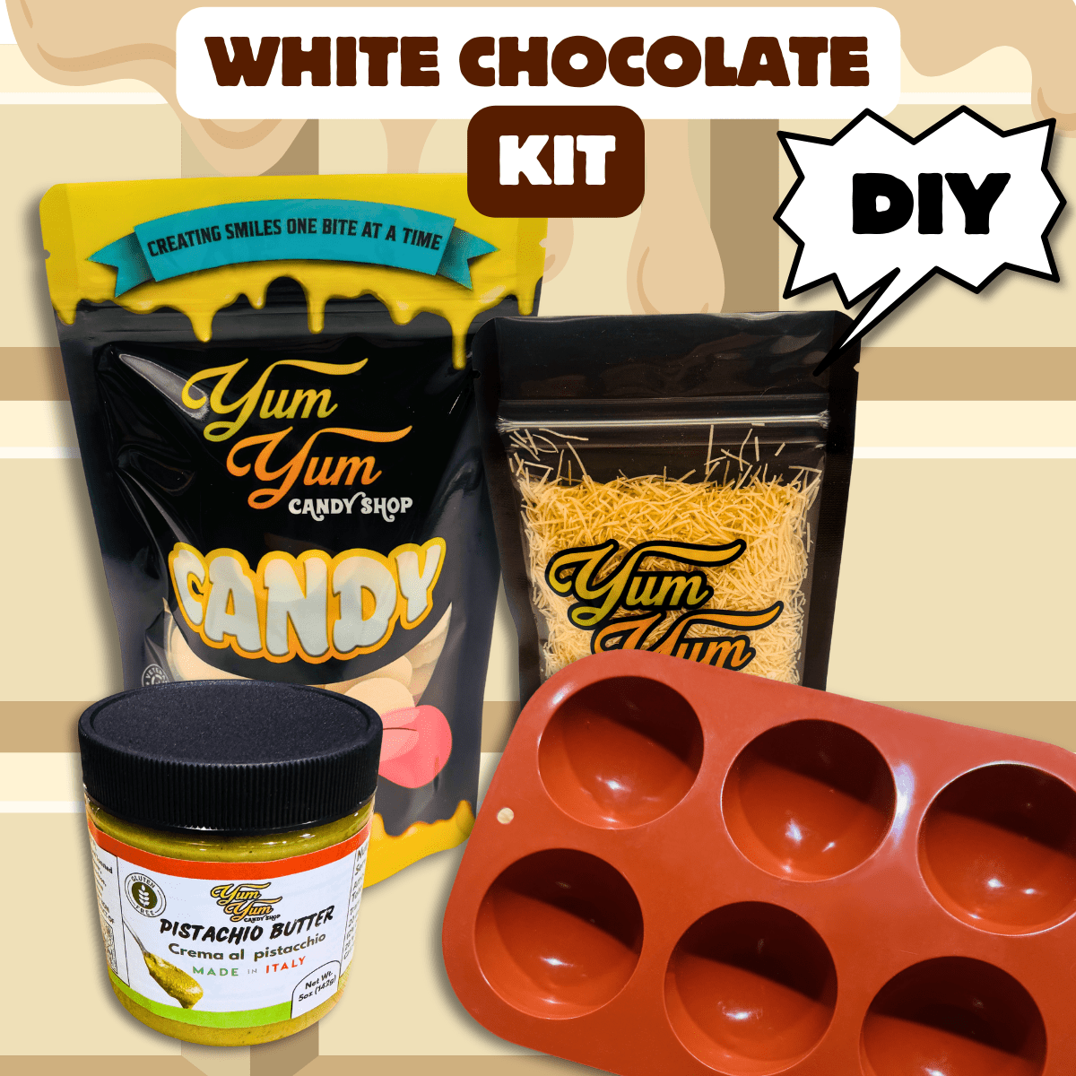 Dubai Chocolate Bon Bon Kit DIY in white chocolate, with mold, chocolate, and pistachio filling