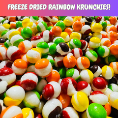 Close-up of colorful freeze dried Rainbow Krunchies candy with product label