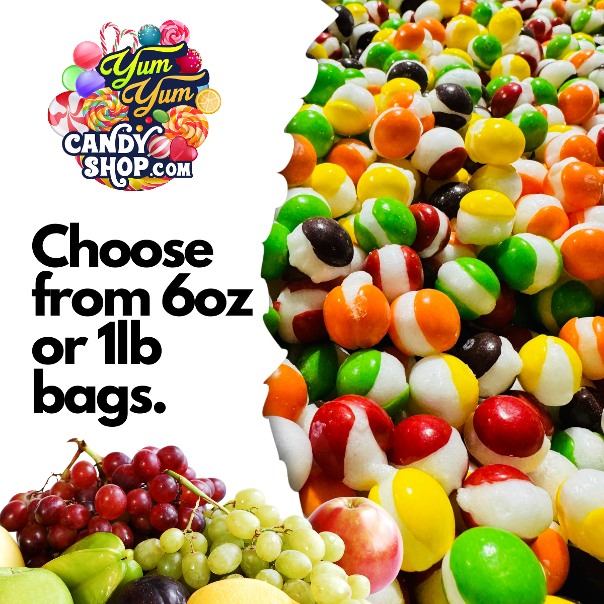 Freeze dried Rainbow Krunchies candy with choice of 6oz or 1lb bag sizes