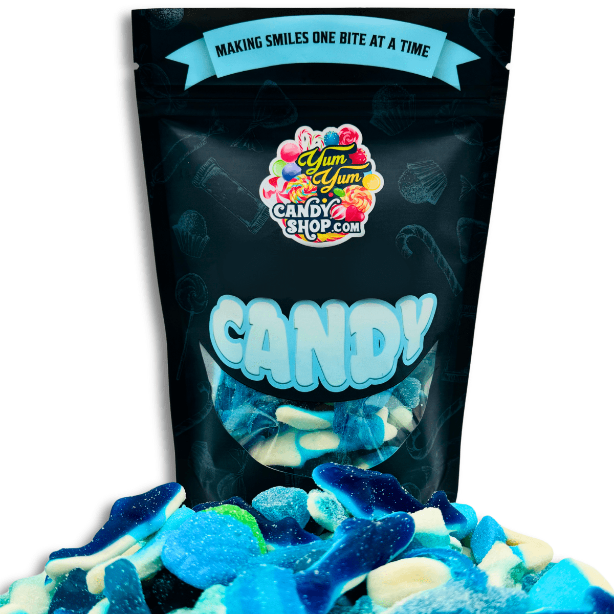 A bag of blue gummy candies with various flavors, presented in a clear section of the Yum Yum Candy Shop packaging.