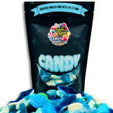 A bag of blue gummy candies with various flavors, presented in a clear section of the Yum Yum Candy Shop packaging.