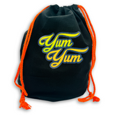 Black drawstring gift bag with Yum Yum logo and orange strings