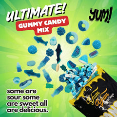 Blue Gummy candy mix with a bag labeled 'Yum Yum' on a green background