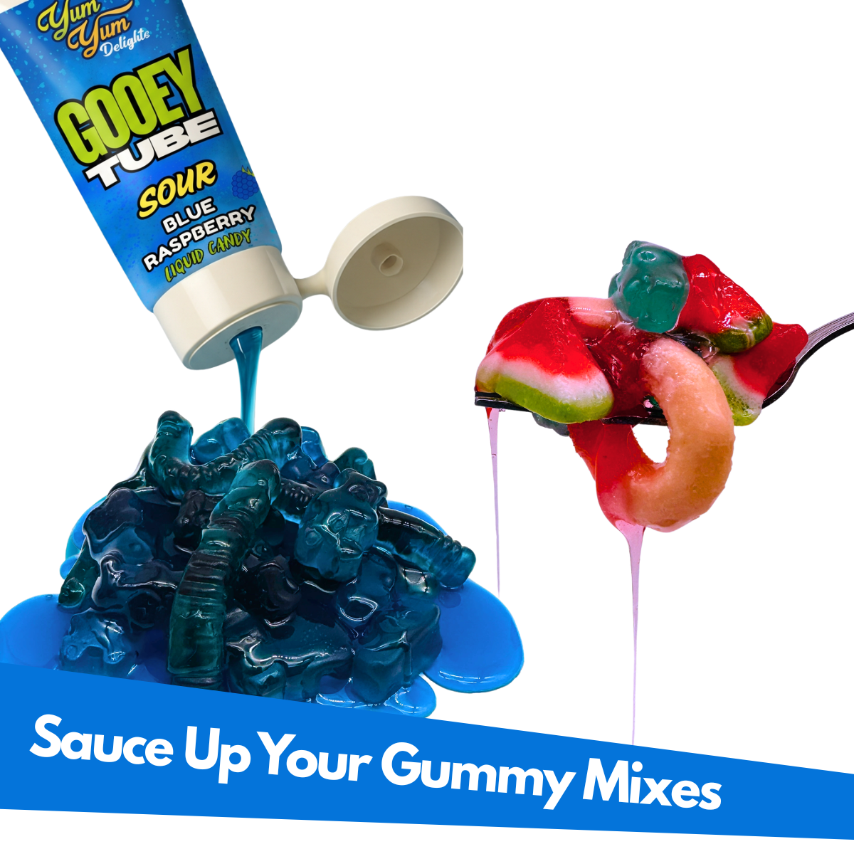 Yum Yum Gooey Tube with blue raspberry flavor being used on gummy treats.