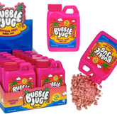 A display of Bubble Jug Tropical Fruit Bubble Gum with pink containers and pink powdery gum visible outside the packaging.