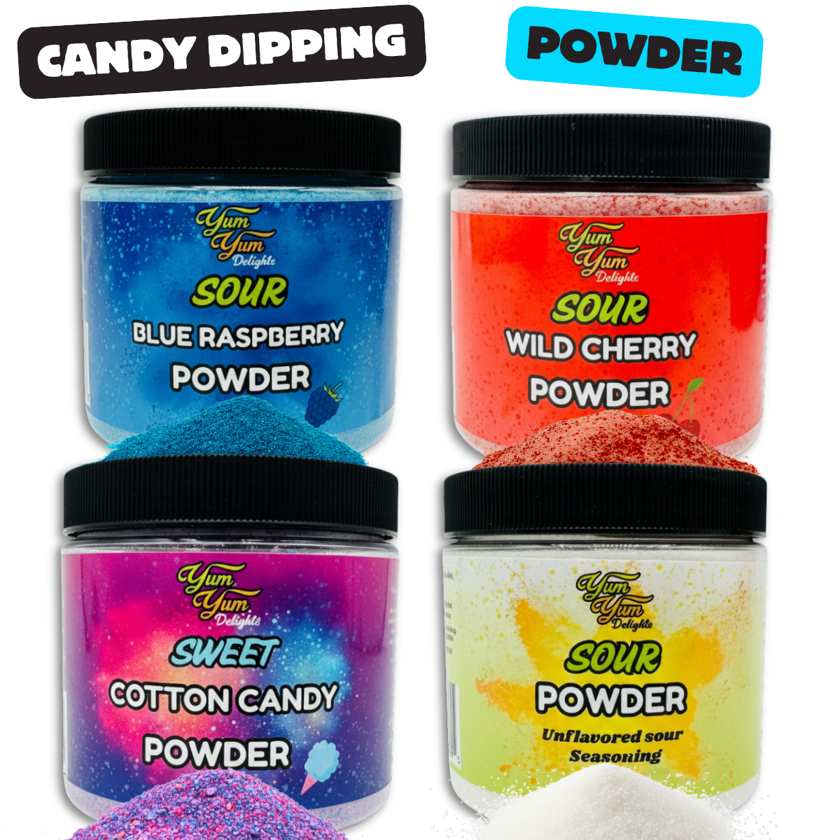 Four candy dipping powder flavor options on a white background