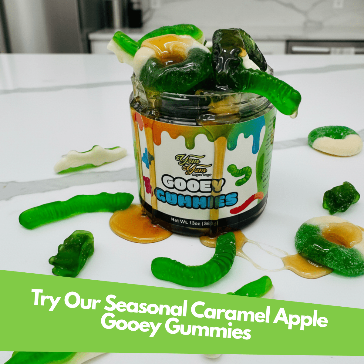 Jar of Gooey Gummies on a white surface, promotional text at the bottom.