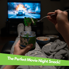Person eating a snack with a TV in the background, labeled 'The Perfect Movie Night Snack!'.