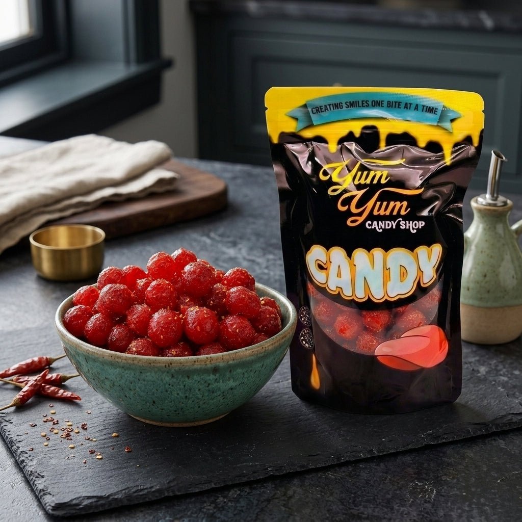 Yum Yum Candy Shop bag next to a bowl of red gummy candy on a dark surface.