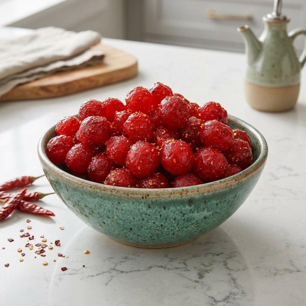 Bowl of red candy on a marble countertop with a teapot in the background