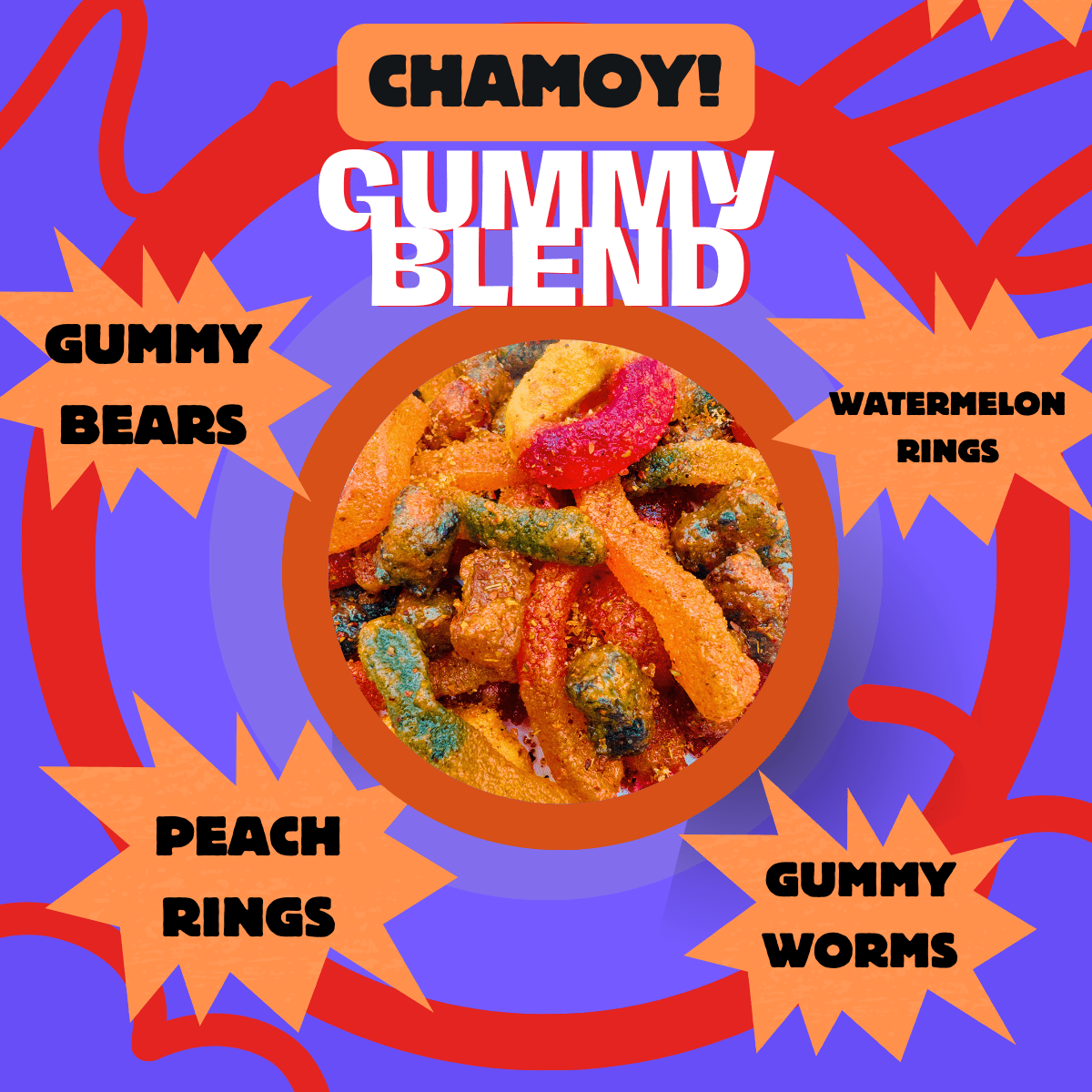 Chamoy Gummy Mix flavor variety showing gummy bears, peach rings, watermelon rings, and gummy worms.