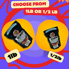 Chamoy Gummy Mix packaging in 1 lb and 1/2 lb sizes.