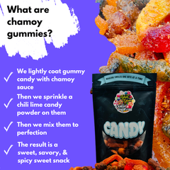 Description graphic explaining how gummies are coated in chamoy sauce, chili lime powder, and dried to perfection.