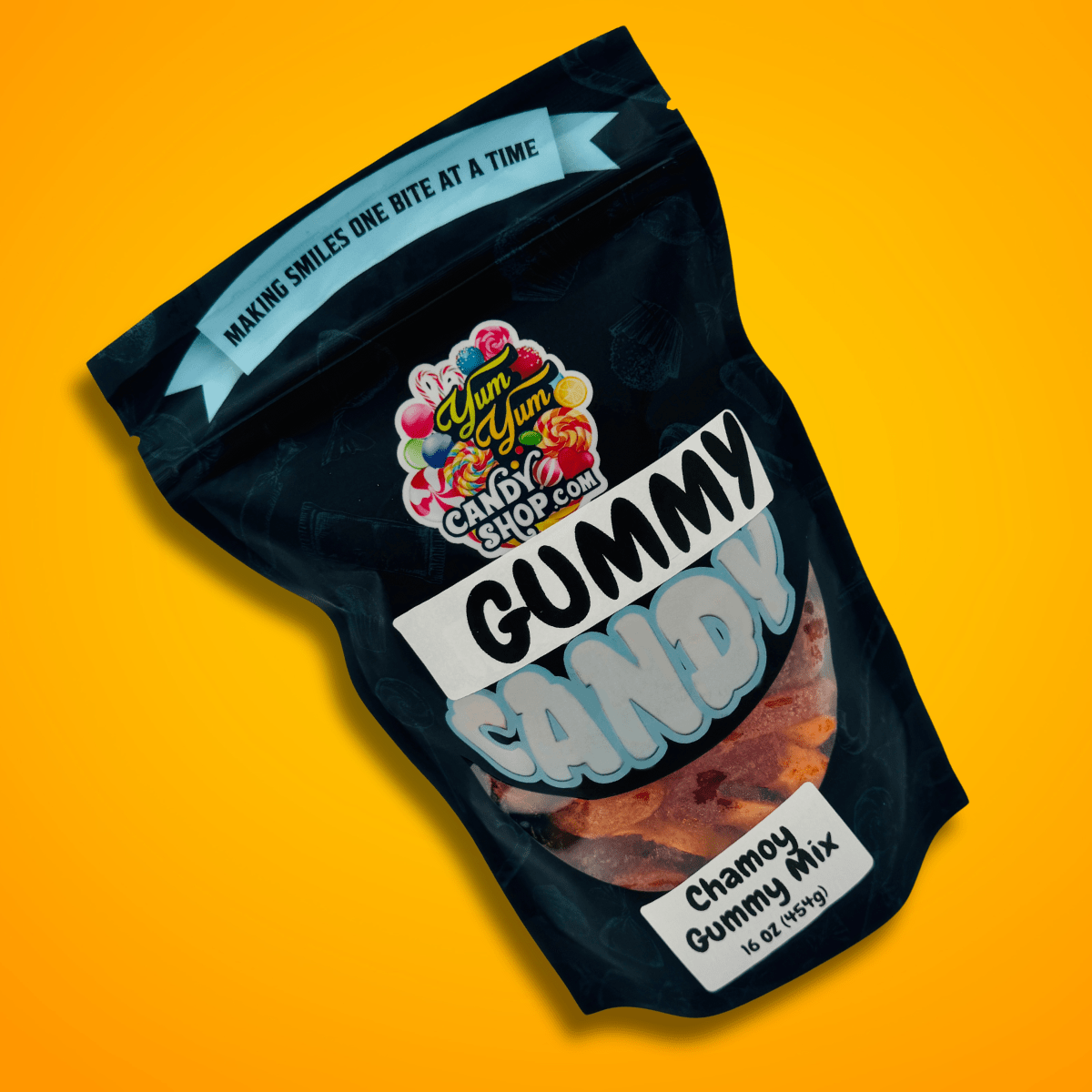 Chamoy Gummy Mix in bag on bright yellow background, angled to the left.