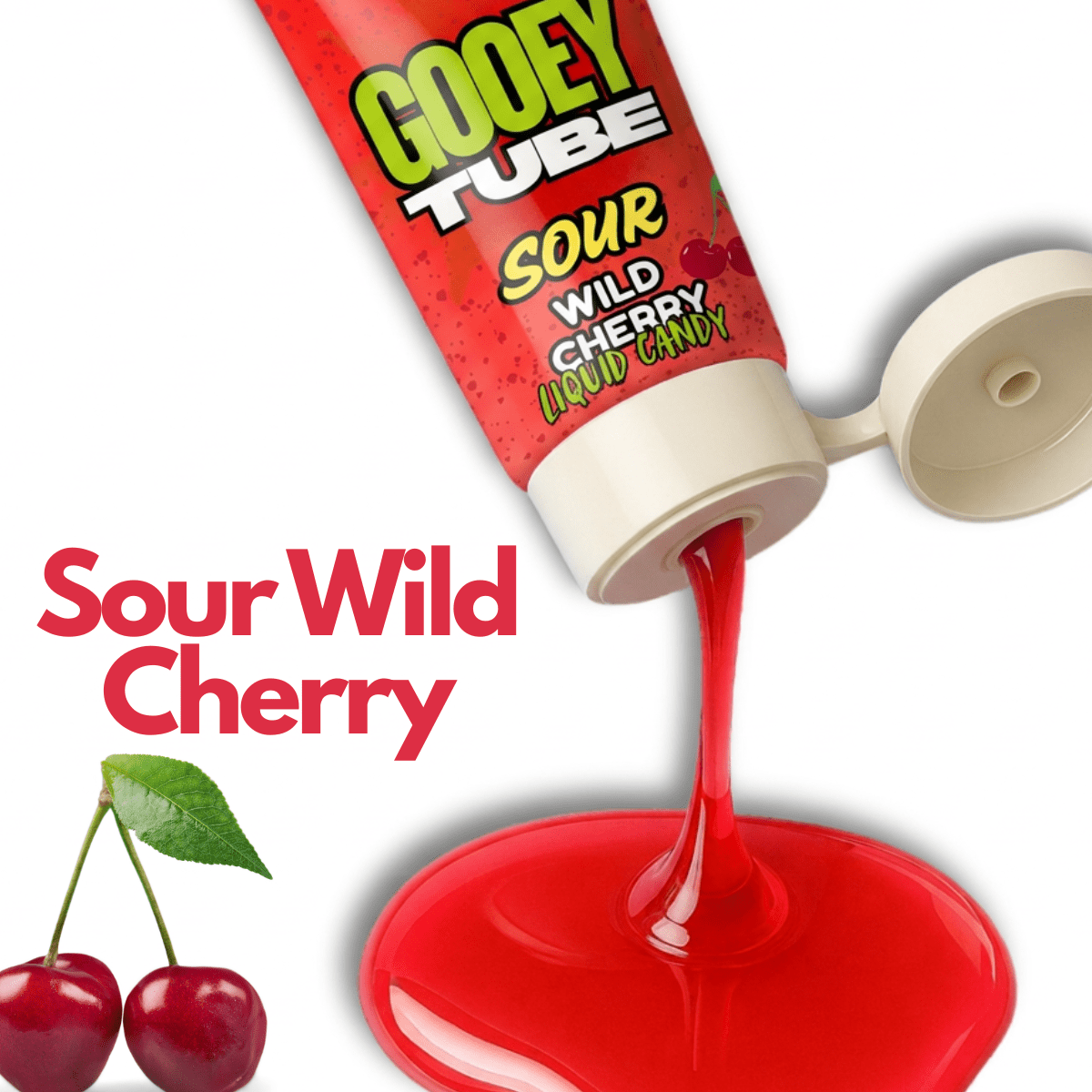 Sour wild cherry candy tube with red gooey substance spilling out, cherry graphics on a white background.