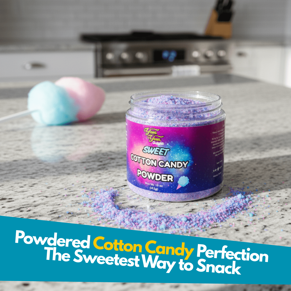 Jar of cotton candy dipping powder on a kitchen counter with colorful powdered candy spilled around the container