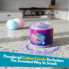 Jar of cotton candy dipping powder on a kitchen counter with colorful powdered candy spilled around the container