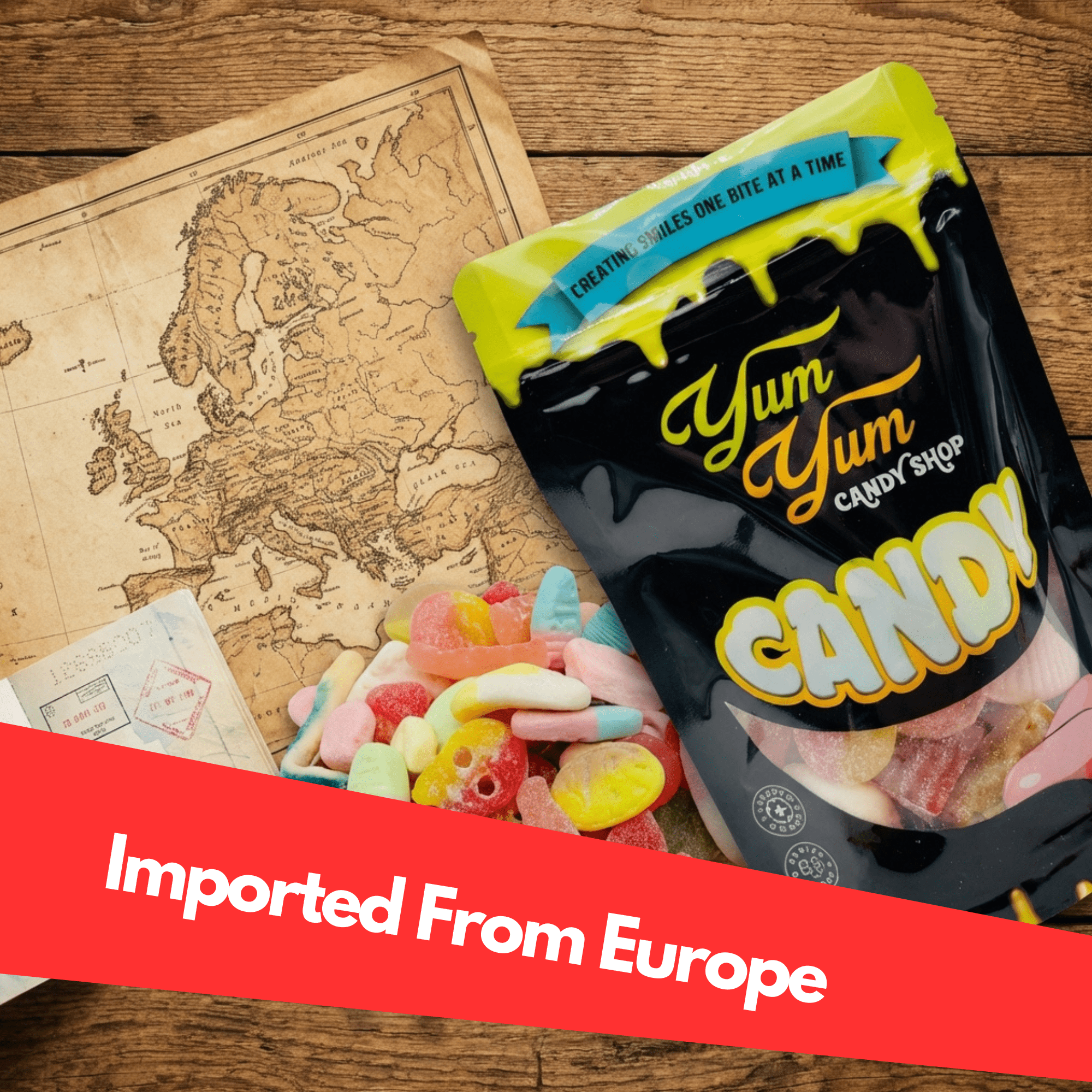 European gummy candy mix in Yum Yum Candy Shop bag displayed with assorted candies and map of Europe