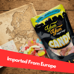 European gummy candy mix in Yum Yum Candy Shop bag displayed with assorted candies and map of Europe