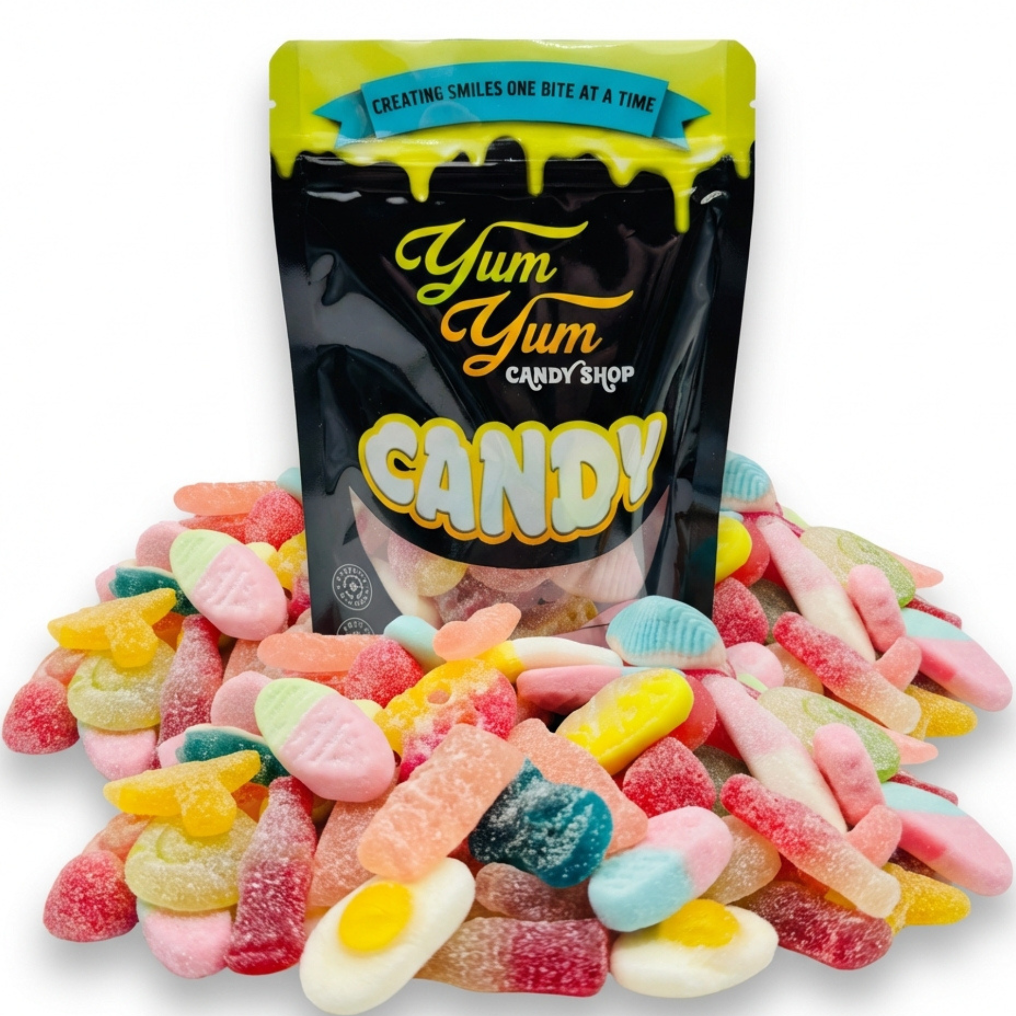 European gummy candy mix in Yum Yum Candy Shop resealable bag surrounded by assorted gummies on white background