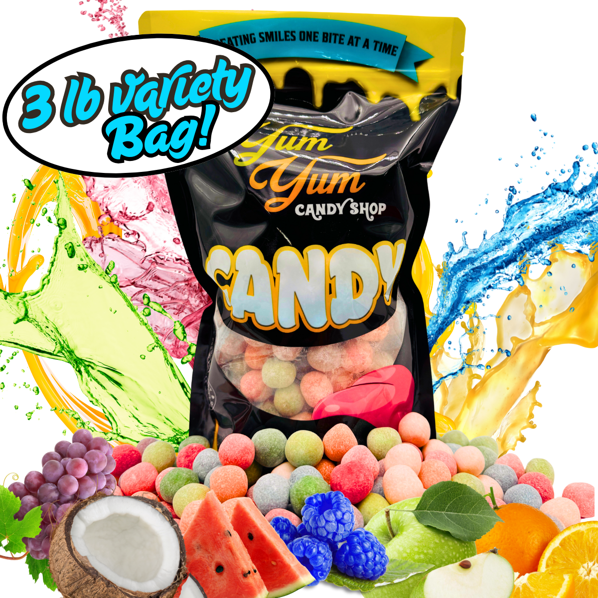 Yum Yum Candy Shop 3 lb variety bag with colorful candy and fruit graphics on a white background