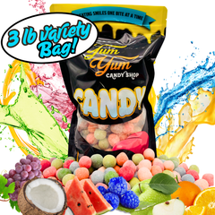 Yum Yum Candy Shop 3 lb variety bag with colorful candy and fruit graphics on a white background