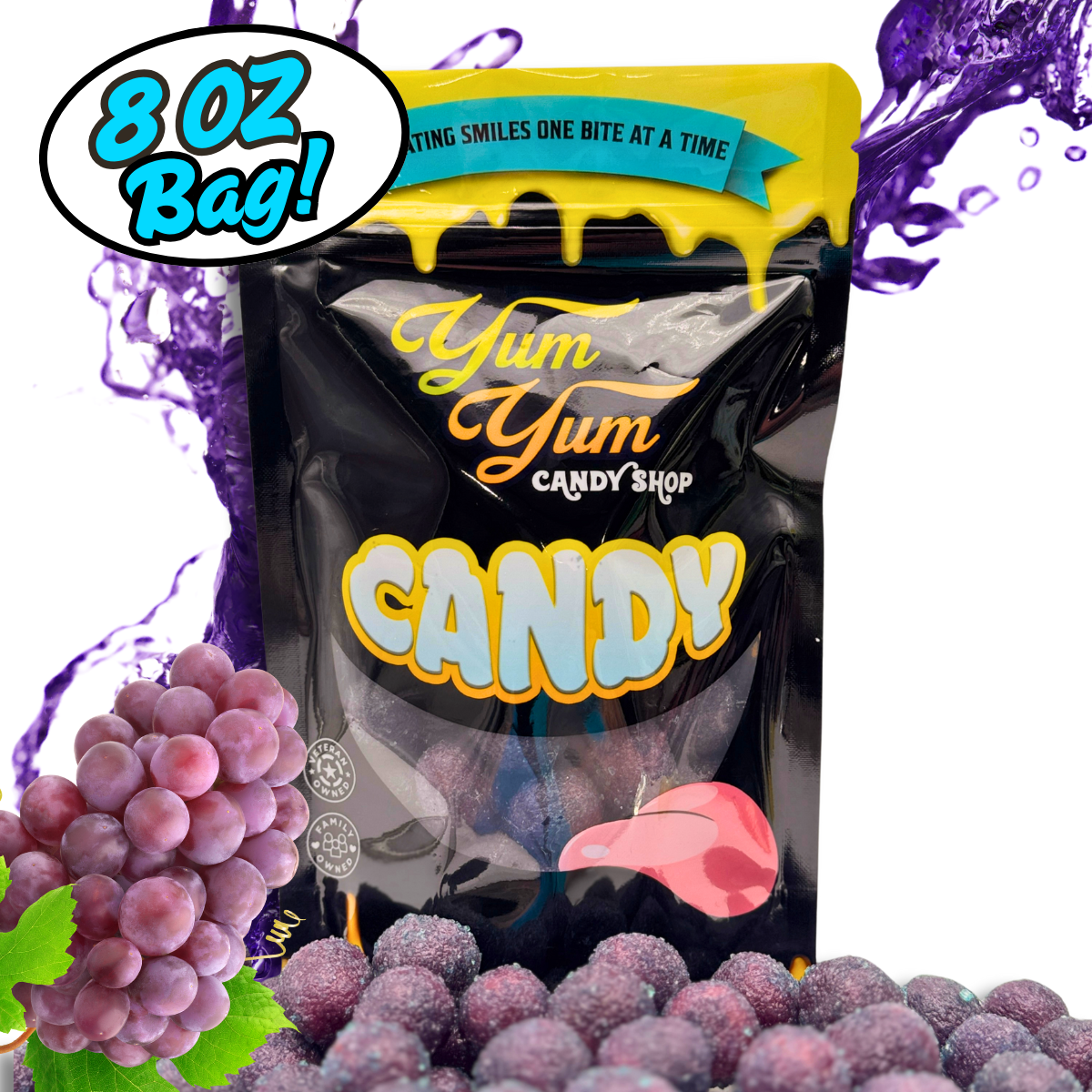 Yum Yum Candy Shop candy bag with purple candy and grapes on a white background