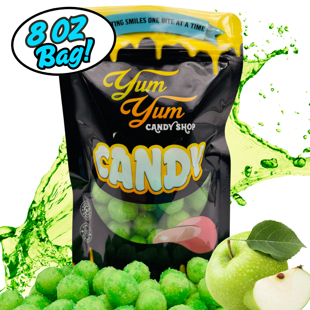 Yum Yum Candy Shop bag with green candy and apples on a white background