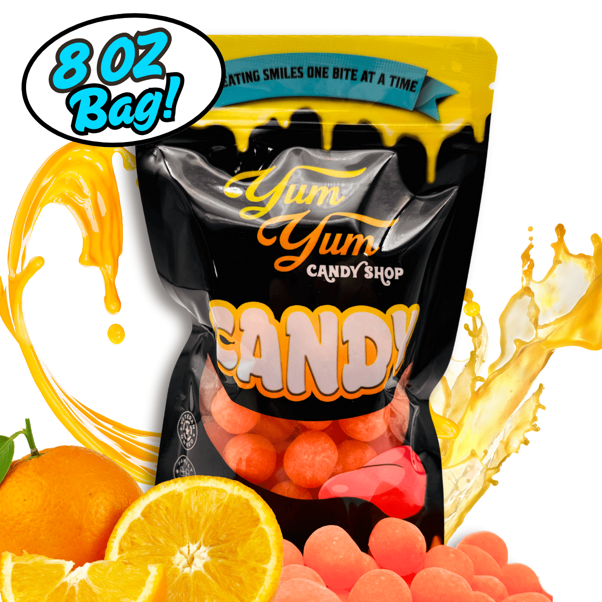 Yum Yum Candy Shop bag with orange gummy candies and oranges on a white background