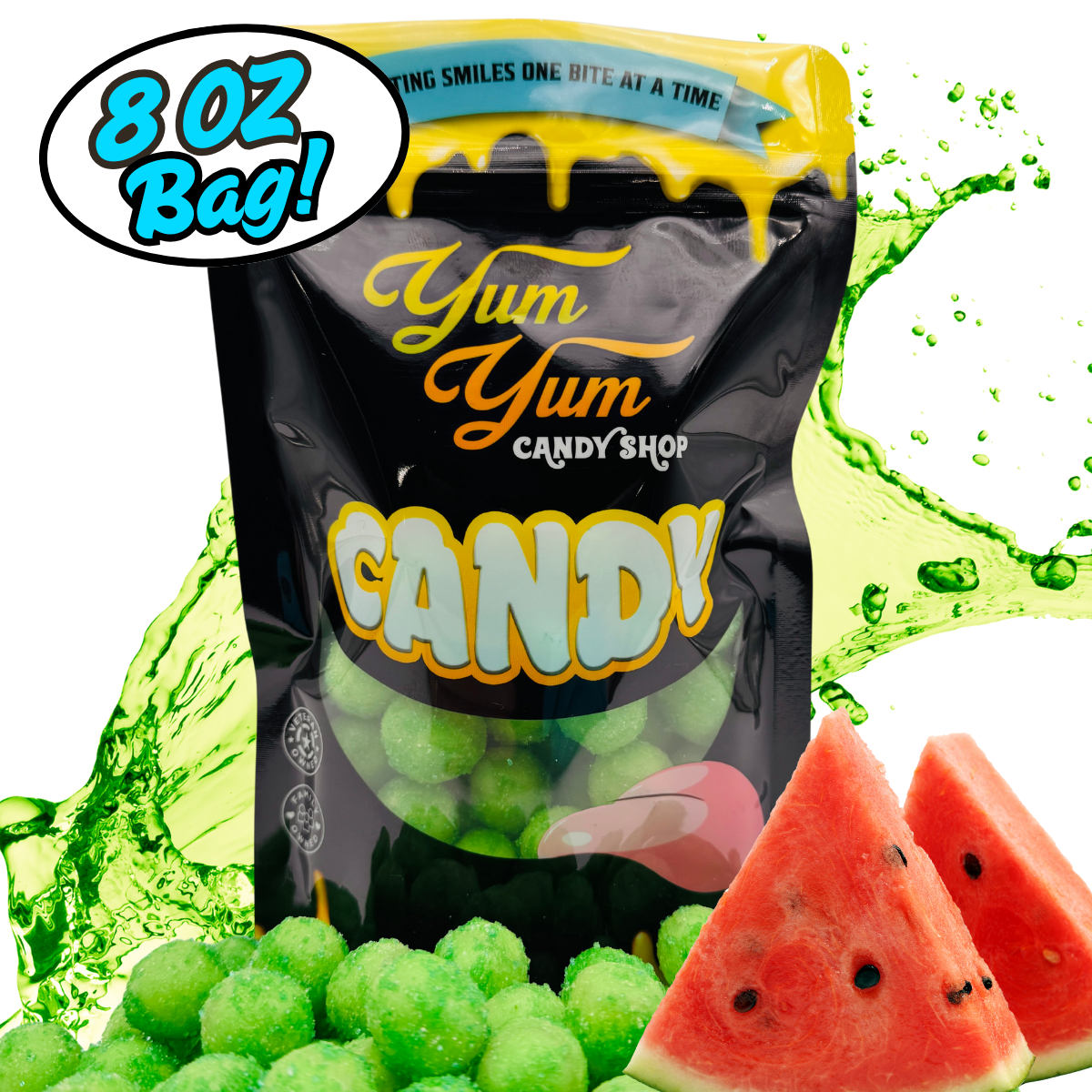 Yum Yum Candy Shop bag with green candy and watermelon slices on a white background