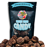 Main product bag of Freeze Dried Chocolate Coconut Mallow Bites with candies scattered at the base.