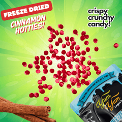 Yum Yum Cinnamon Hotties freeze-dried candy with cinnamon sticks on a green background