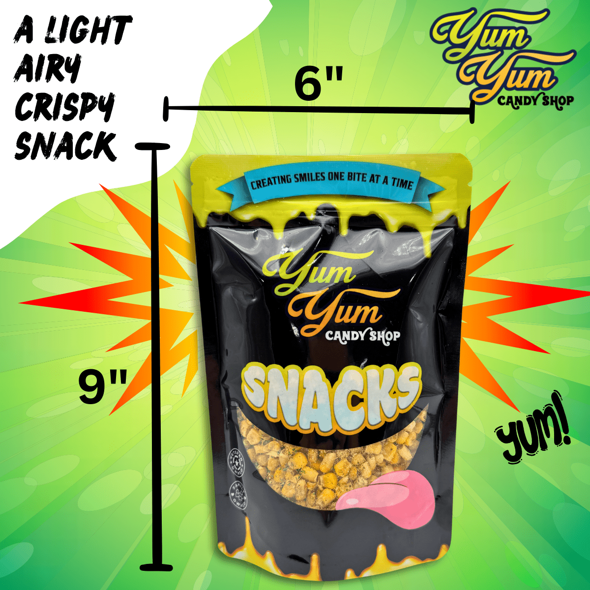 Yum Yum Snacks packaging with dimensions on a colorful background