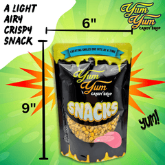 Yum Yum Snacks packaging with dimensions on a colorful background