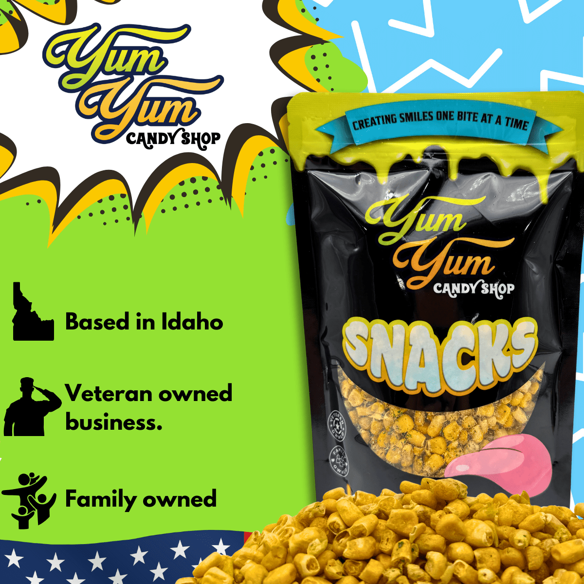 Yum Yum Candy Shop snacks packaging with text about business details on a colorful background