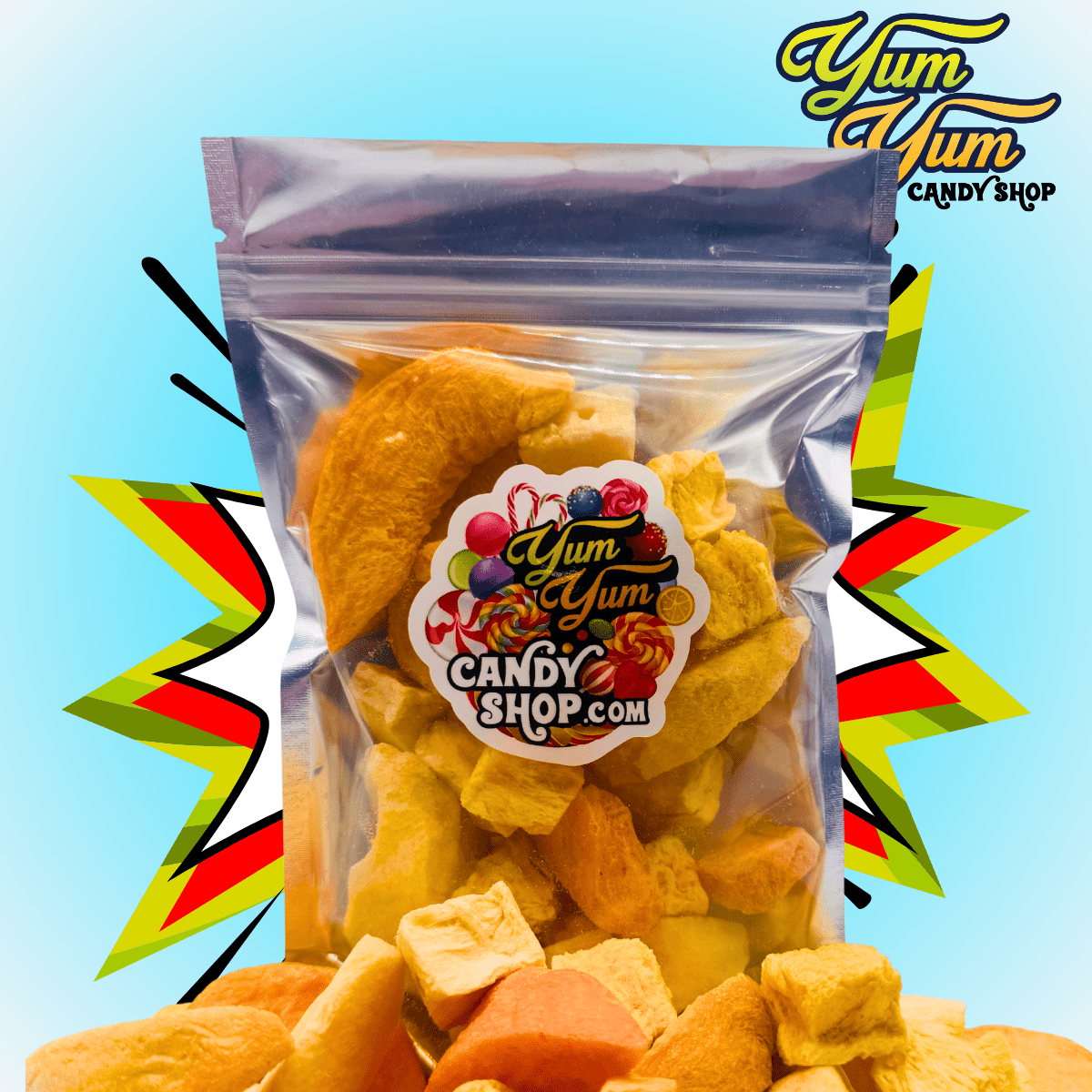 Yum Yum Candy Shop freeze-dried fruit mix – tropical crunchy fruits in a vibrant pop art background