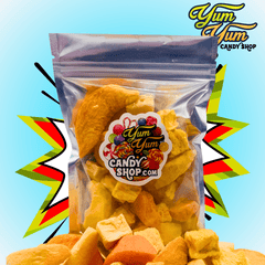 Yum Yum Candy Shop freeze-dried fruit mix – tropical crunchy fruits in a vibrant pop art background